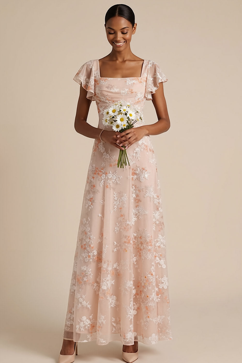Champagne Pink Floral Draped A Line Flutter Sleeves Maxi Formal Dress