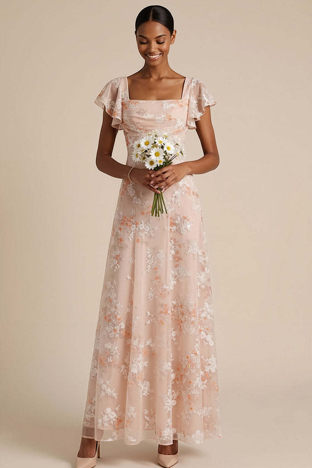 Champagne Pink Floral Draped A Line Flutter Sleeves Maxi Formal Dress