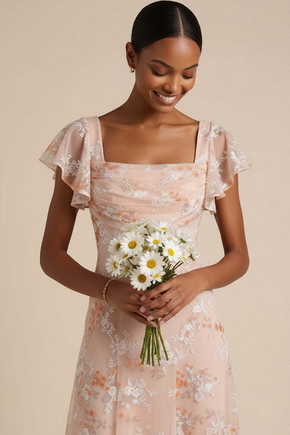 Champagne Pink Floral Draped A Line Flutter Sleeves Maxi Formal Dress