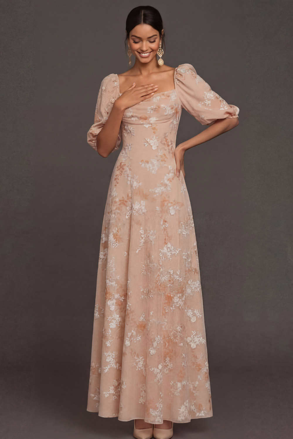 Leely Women Champagne Floral A Line Long Wedding Guest Dress Square Neck Appliqued Backless Evening Dress with Puff Sleeves