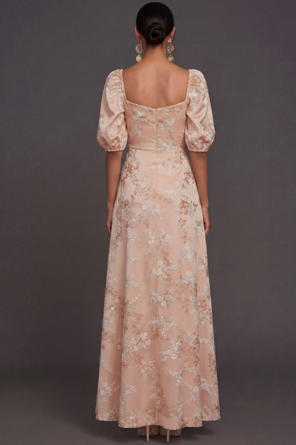 Champagne Floral A Line Square Neck Long Wedding Guest Dress