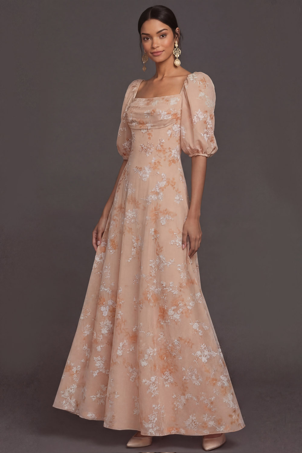 Champagne Floral A Line Square Neck Long Wedding Guest Dress