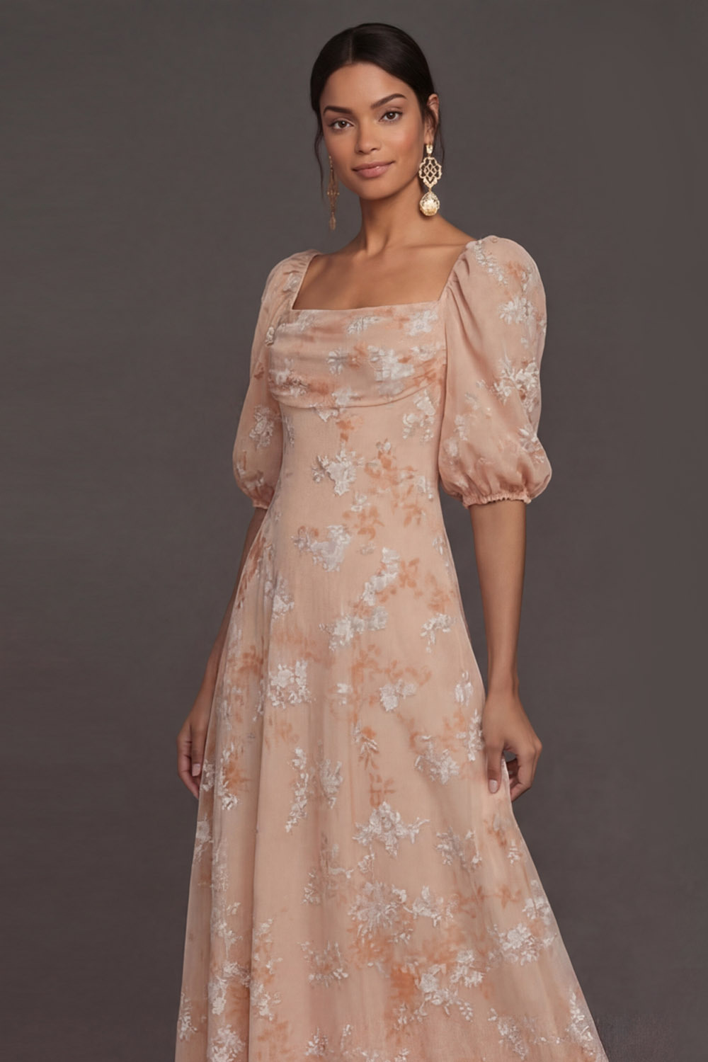 Champagne Floral A Line Square Neck Long Wedding Guest Dress