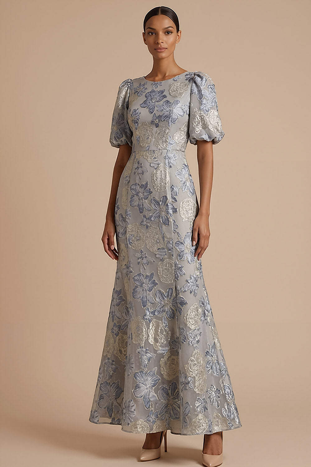 Leely Women Jacquard Floral Mermaid Dusty Blue Maxi Formal Dress Puff Sleeves Round Neck Evening Dress