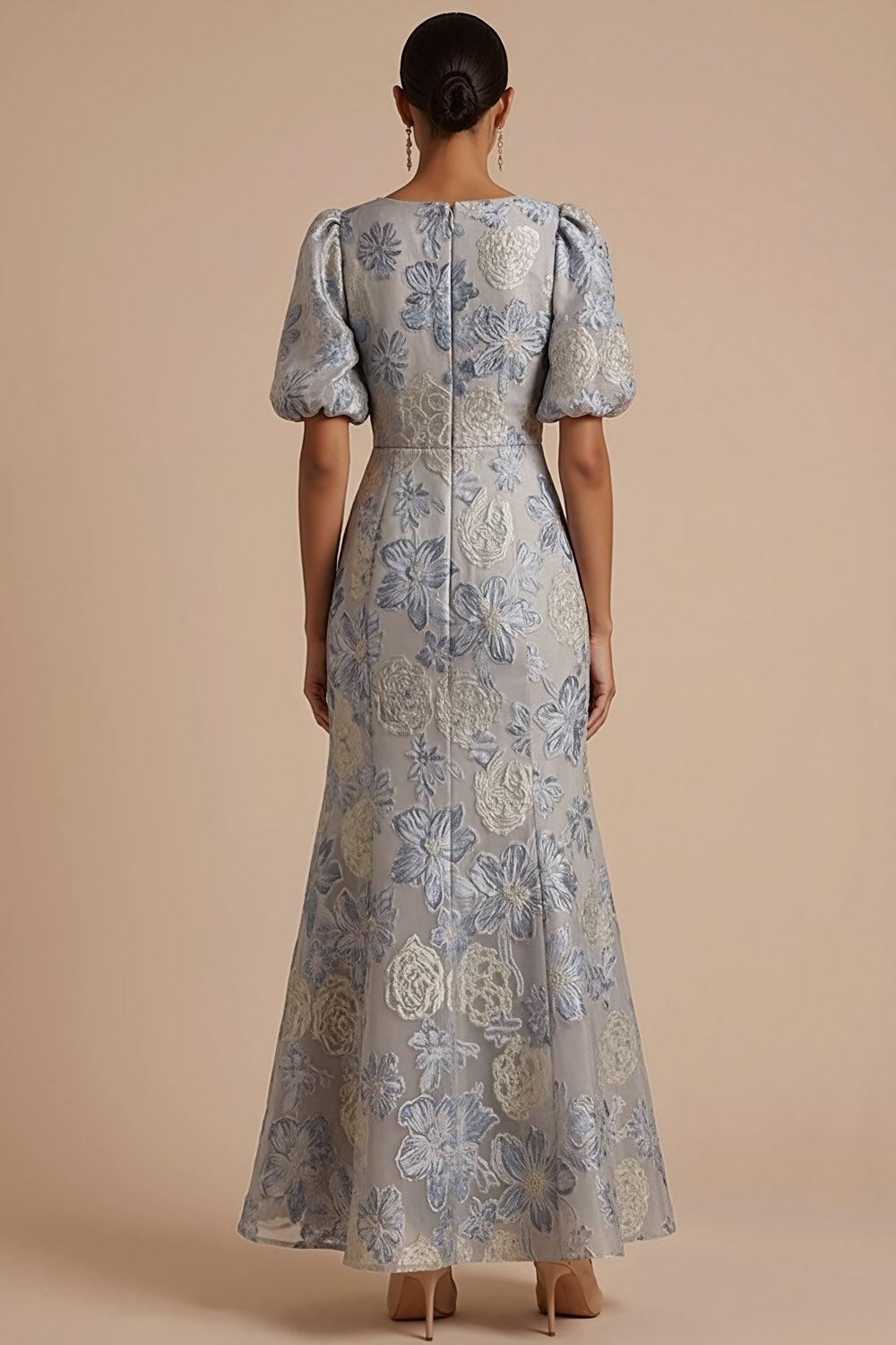 Jacquard Floral Mermaid Dusty Blue Round Neck Maxi Formal Dress
