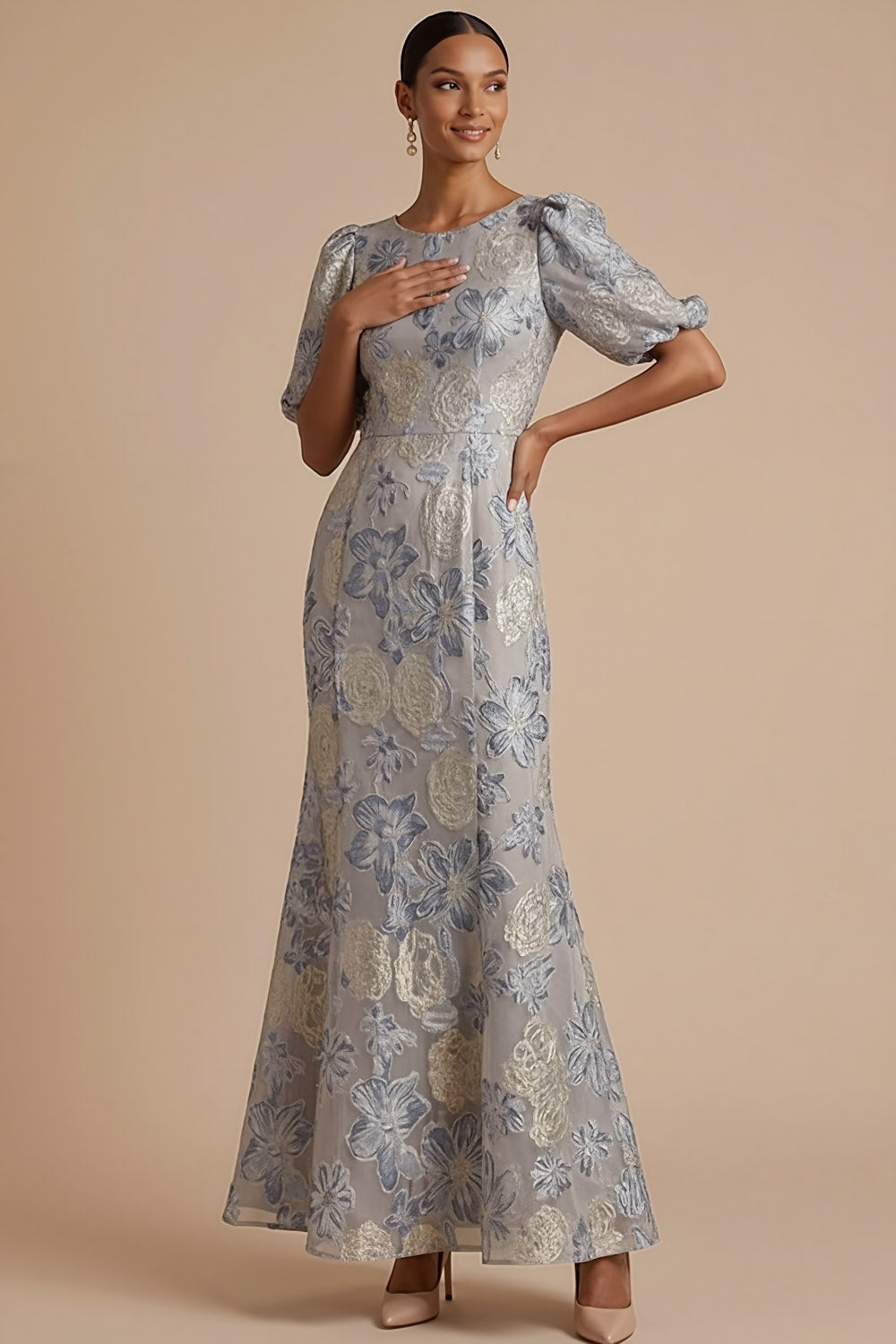 Jacquard Floral Mermaid Dusty Blue Round Neck Maxi Formal Dress
