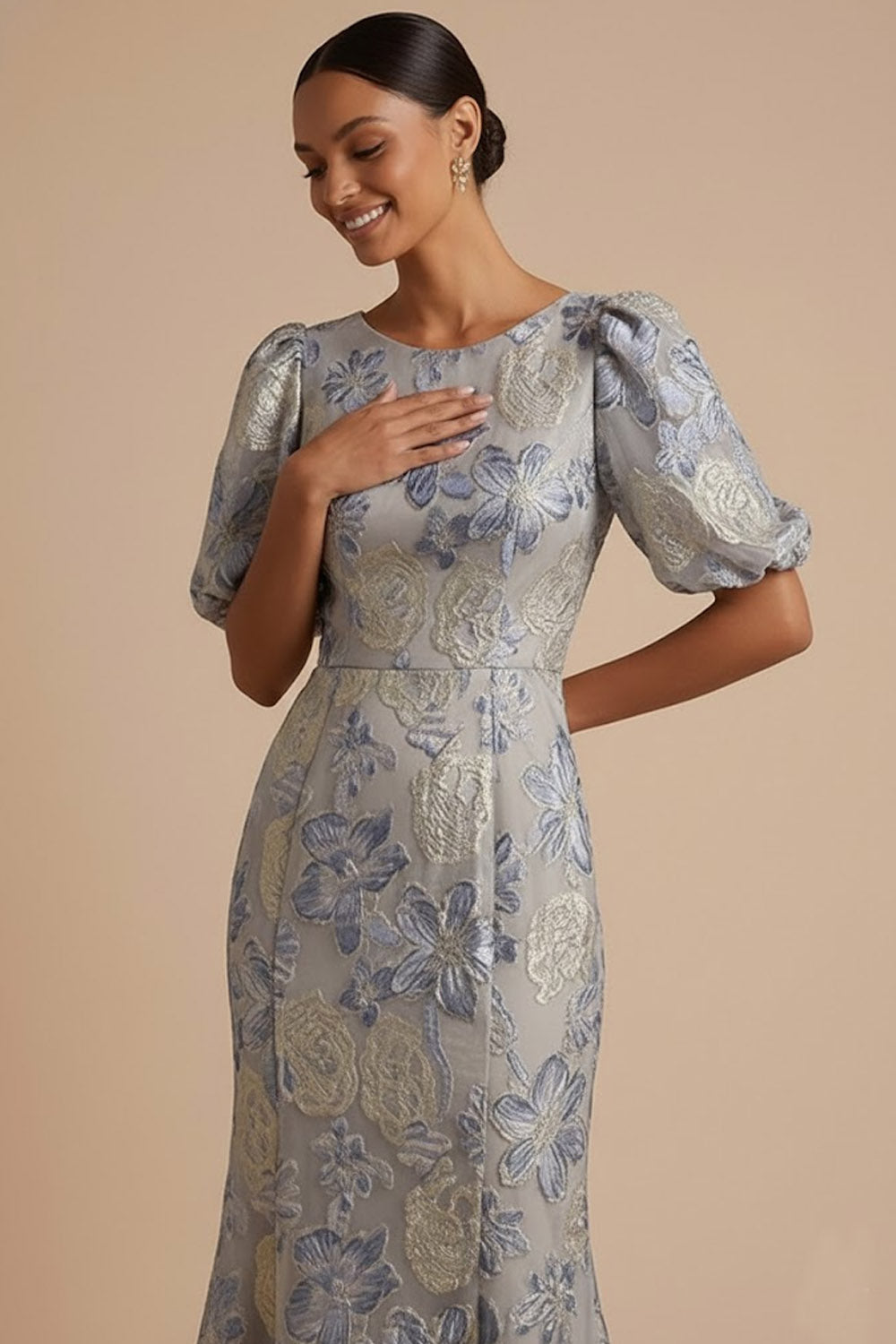 Jacquard Floral Mermaid Dusty Blue Round Neck Maxi Formal Dress