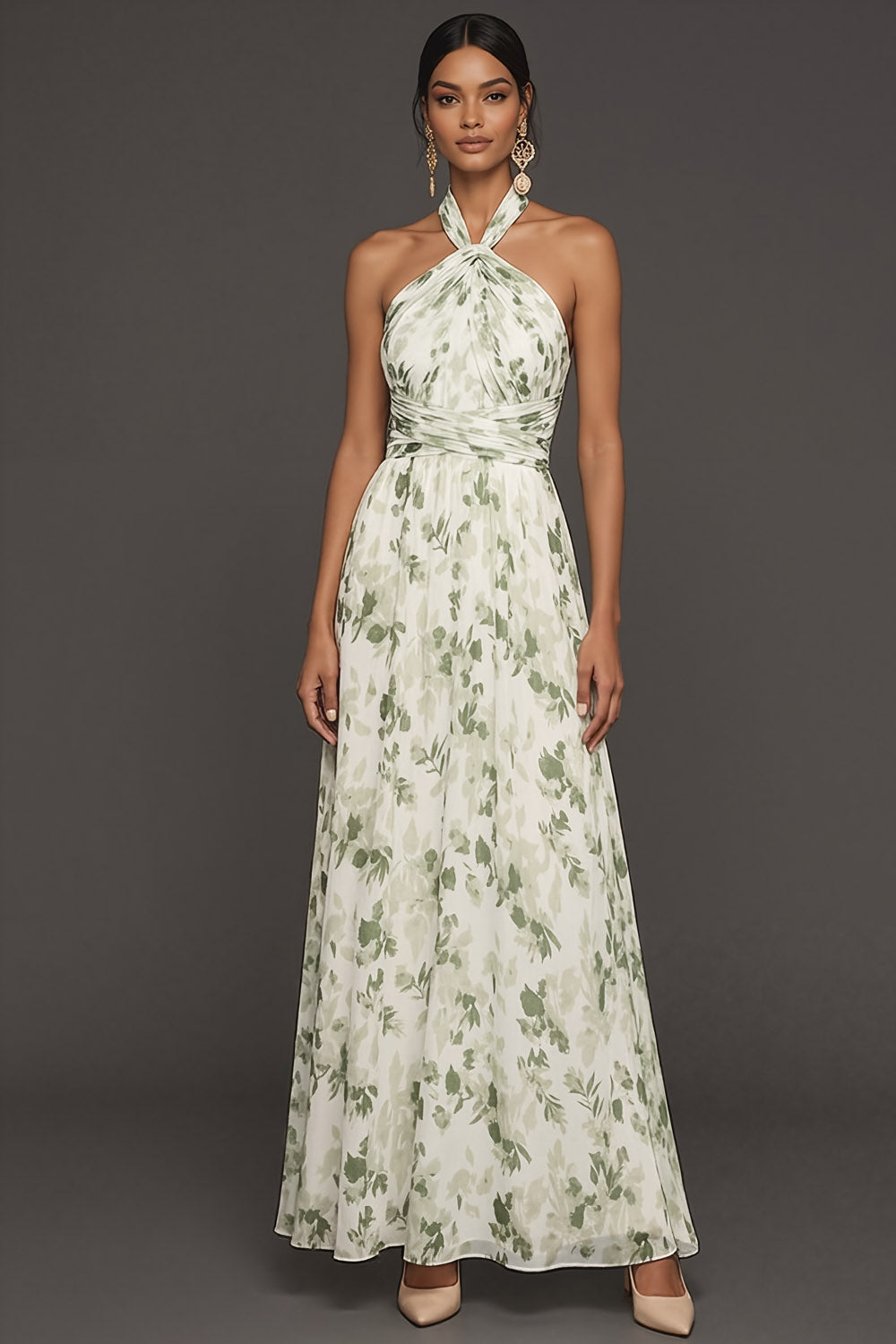 Green Floral A Line Hater Neck Sleeveless Maxi Wedding Guest Dress
