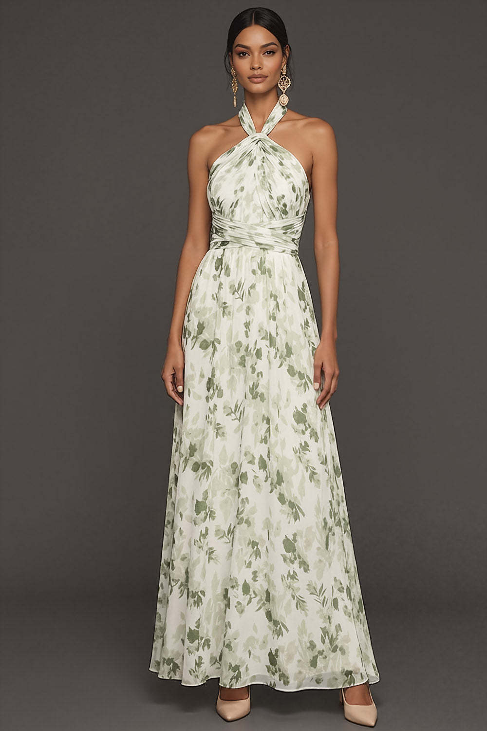 Green Floral A Line Hater Neck Sleeveless Maxi Wedding Guest Dress