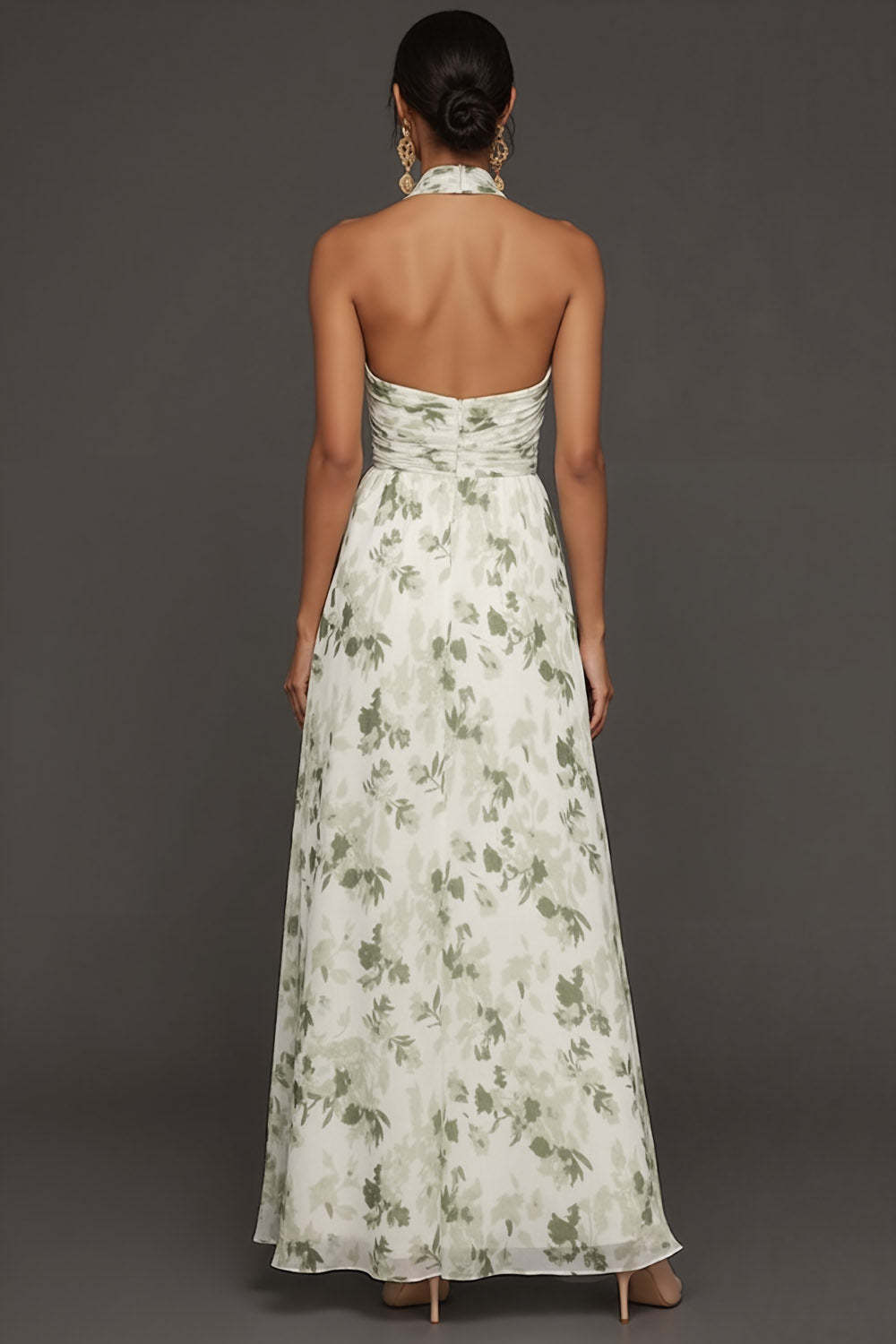 Green Floral A Line Hater Neck Sleeveless Maxi Wedding Guest Dress