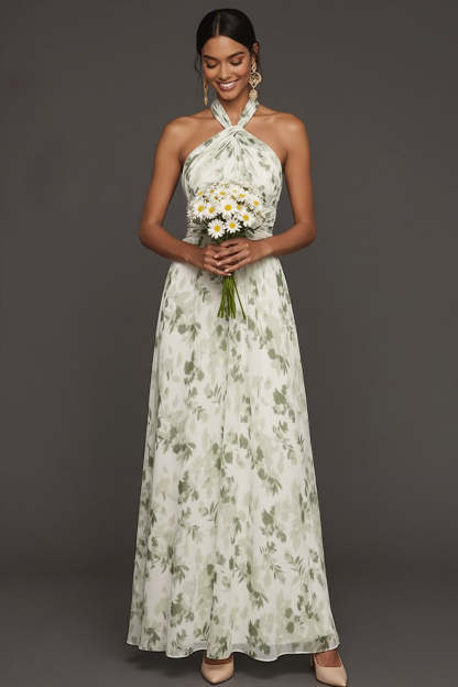 Leely Women Green Floral A Line Sleeveless Maxi Wedding Guest Dress Hater Neck Backless Formal Dress