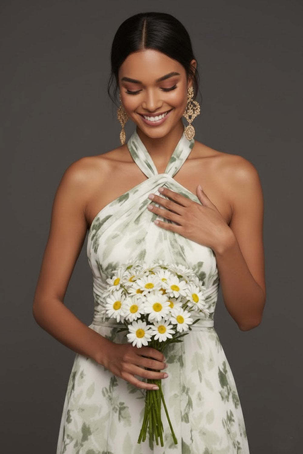 Green Floral A Line Hater Neck Sleeveless Maxi Wedding Guest Dress