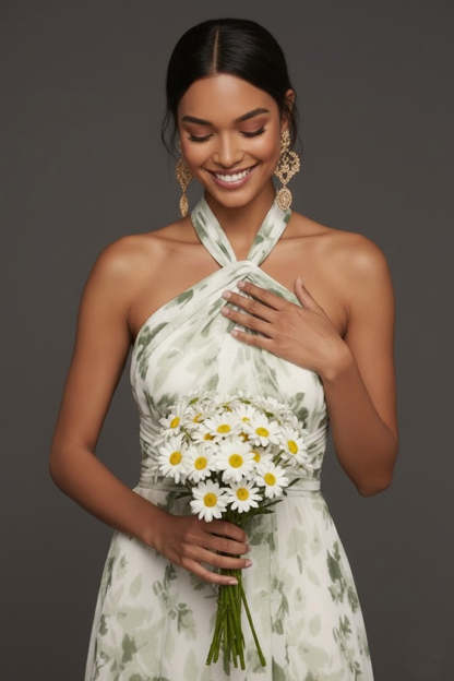 Green Floral A Line Hater Neck Sleeveless Maxi Wedding Guest Dress