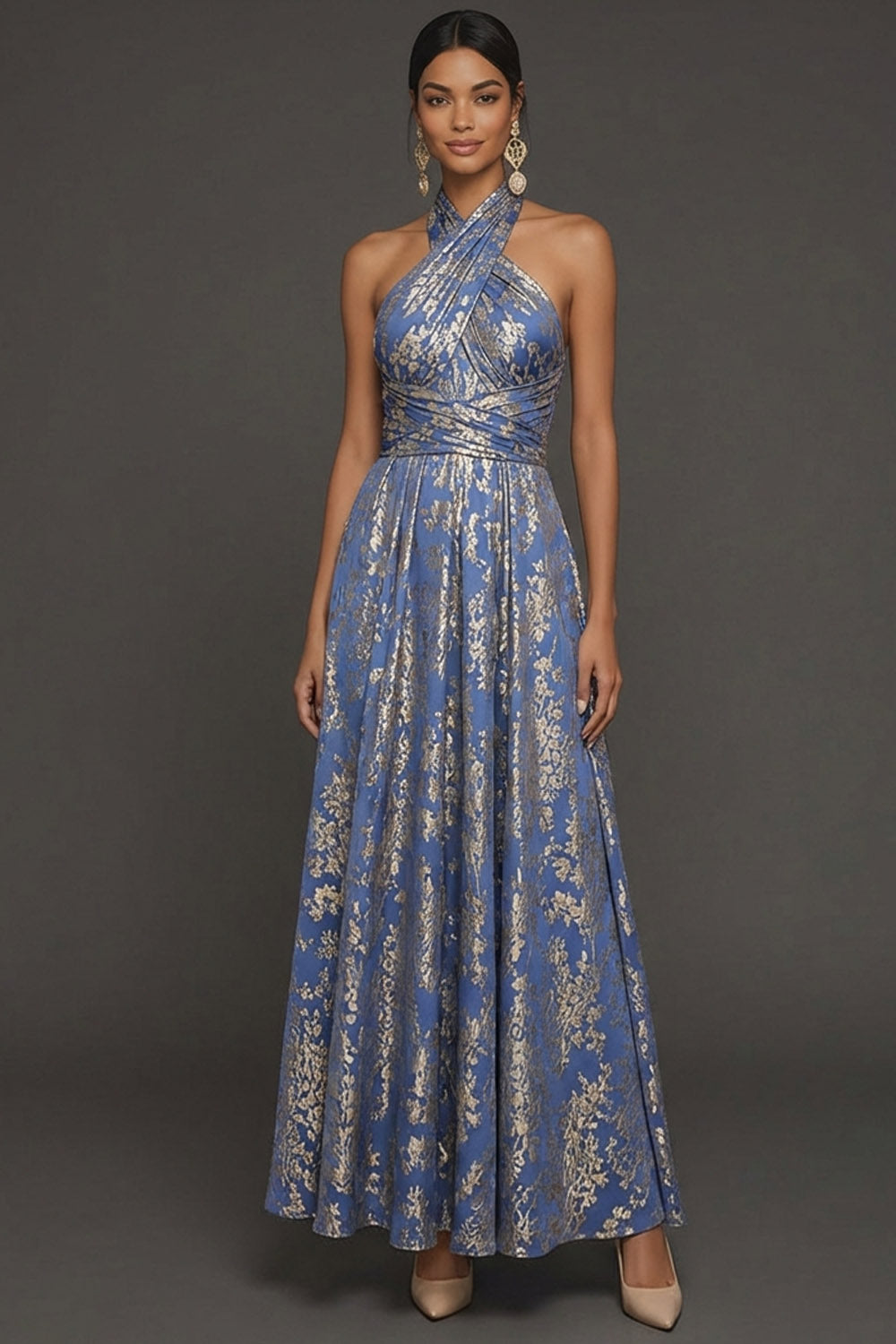 Blue Floral A Line Halter Neck Jacquard Long Wedding Guest Dress