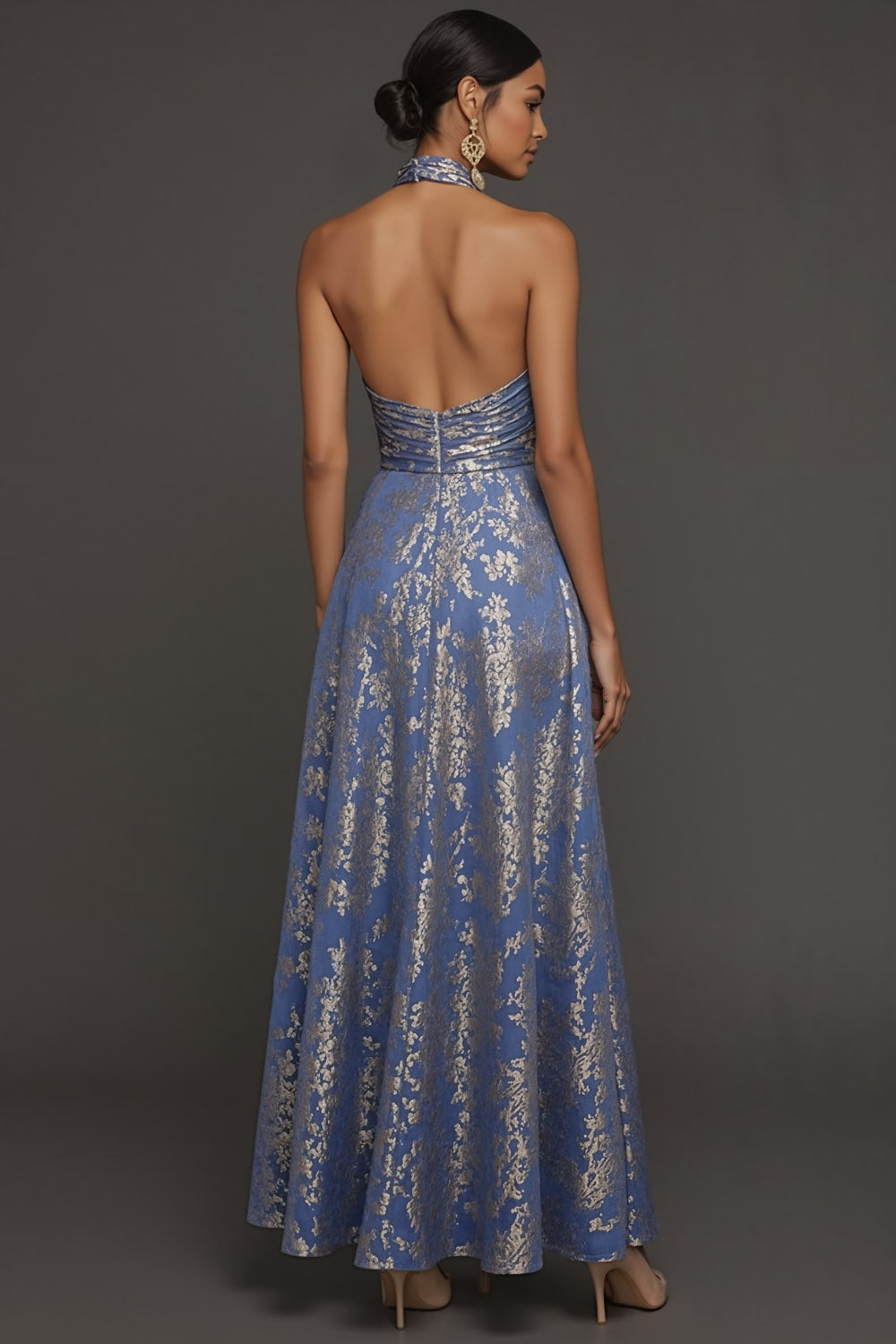 Blue Floral A Line Halter Neck Jacquard Long Wedding Guest Dress