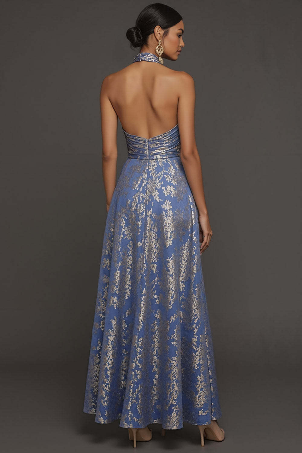 Blue Floral A Line Halter Neck Jacquard Long Wedding Guest Dress