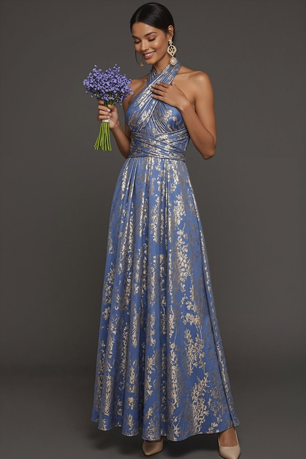 Blue Floral A Line Halter Neck Jacquard Long Wedding Guest Dress
