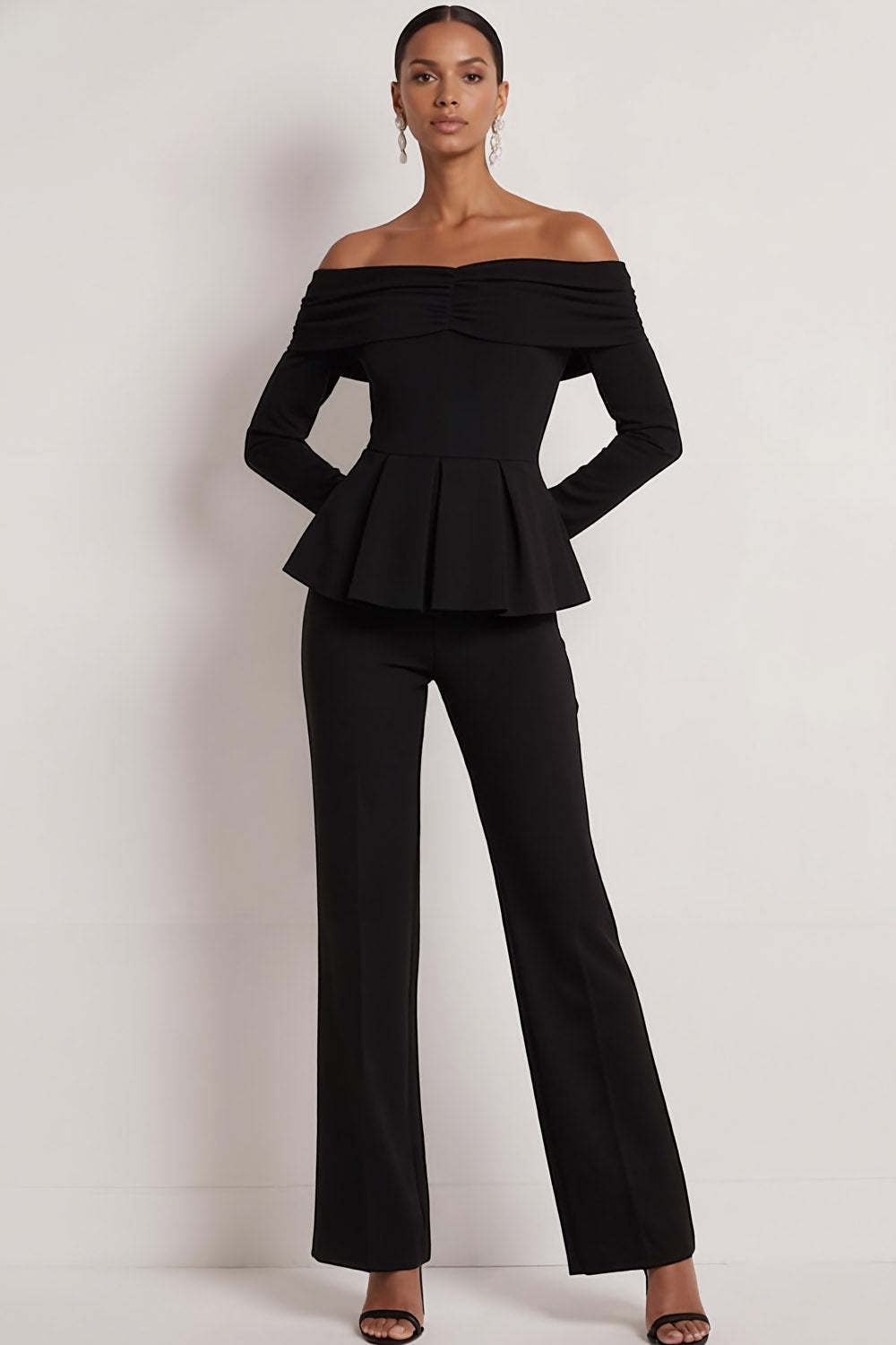 Leely Women Black 2 Piece Off the Shoulder Formal Suits Long Sleeves Backless Work Pantsuits
