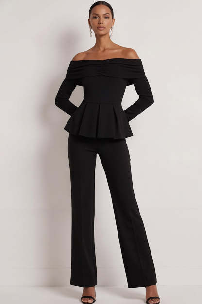 Leely Women Black 2 Piece Off the Shoulder Formal Suits Long Sleeves Backless Work Pantsuits