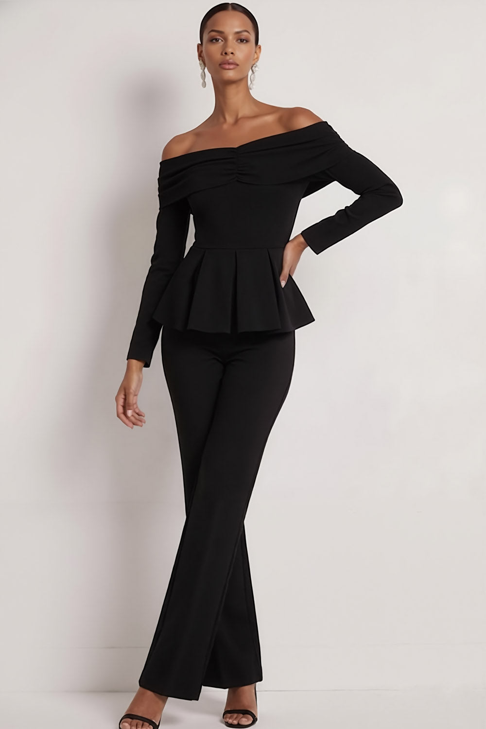 Black 2 Piece Off the Shoulder Formal Suits with Long Sleeves