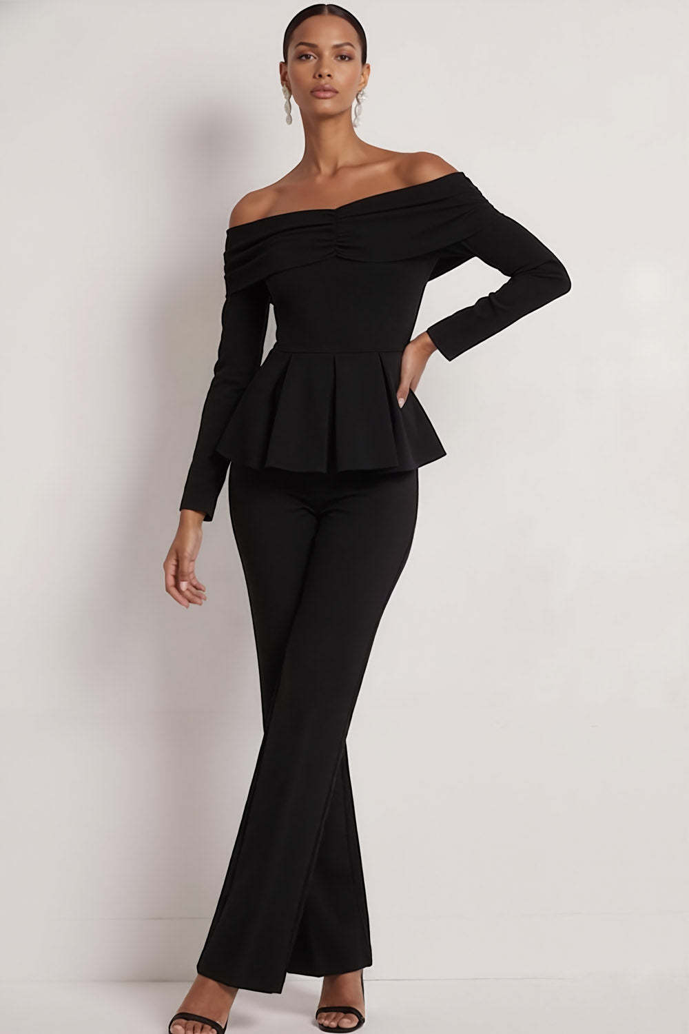 Black 2 Piece Off the Shoulder Formal Suits with Long Sleeves