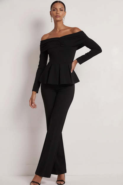 Black 2 Piece Off the Shoulder Formal Suits with Long Sleeves