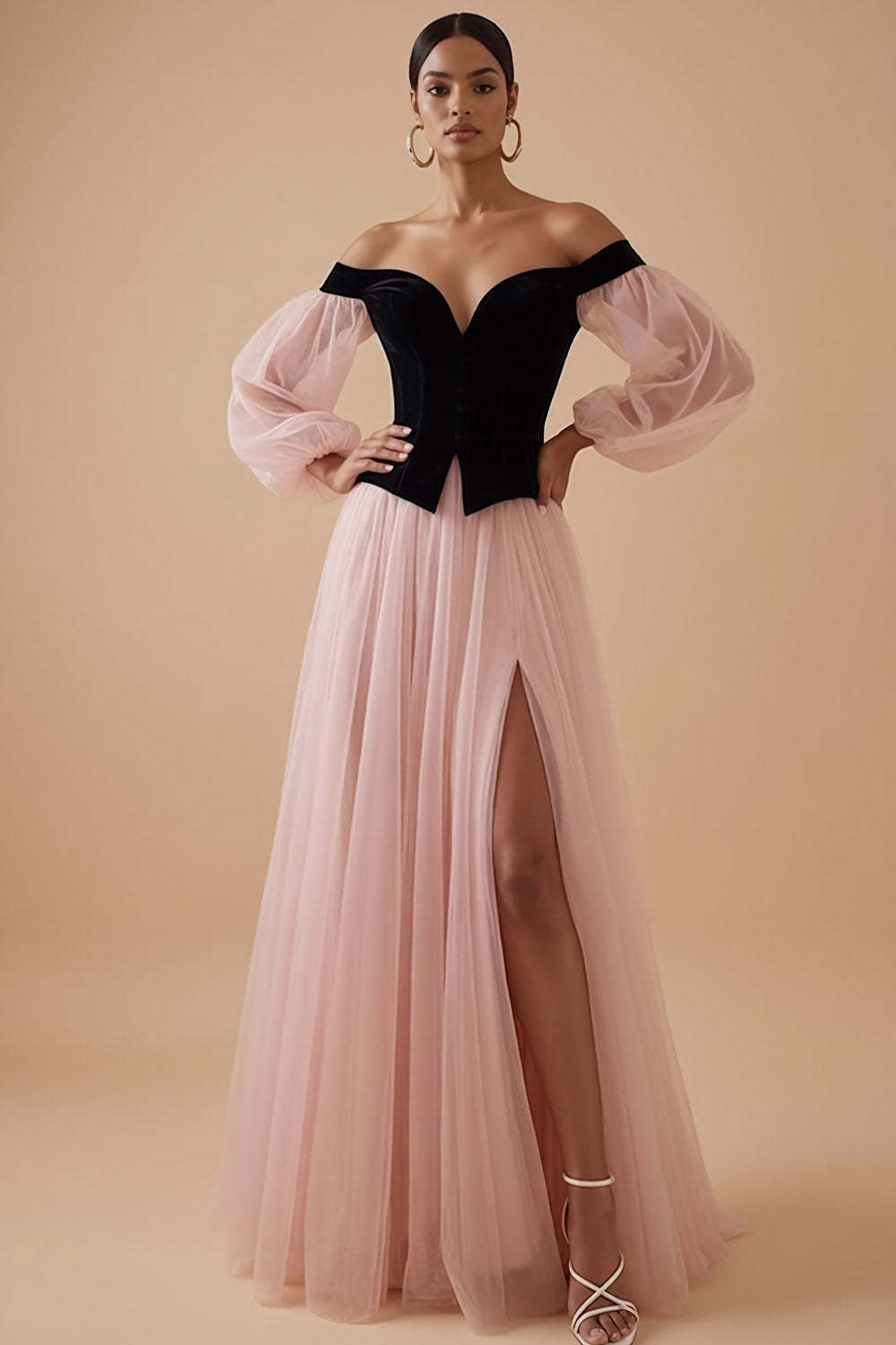 Leely Women Pink A Line Maxi Wedding Guest Dress with Slit Off the Shoulder Pleated Puff Sleeves Backless Evening Dress
