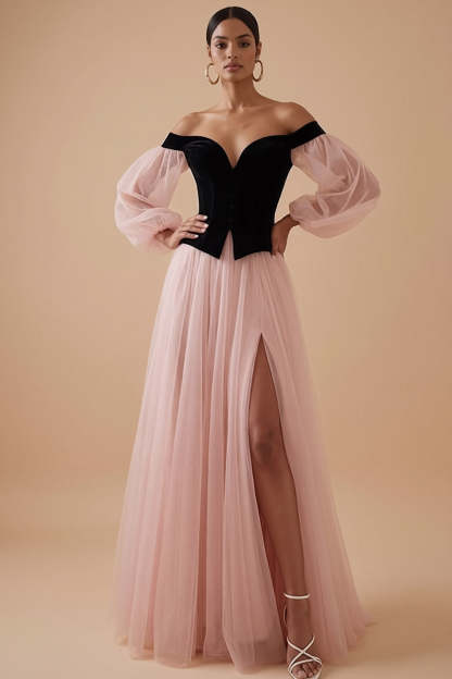 Leely Women Pink A Line Maxi Wedding Guest Dress with Slit Off the Shoulder Pleated Puff Sleeves Backless Evening Dress
