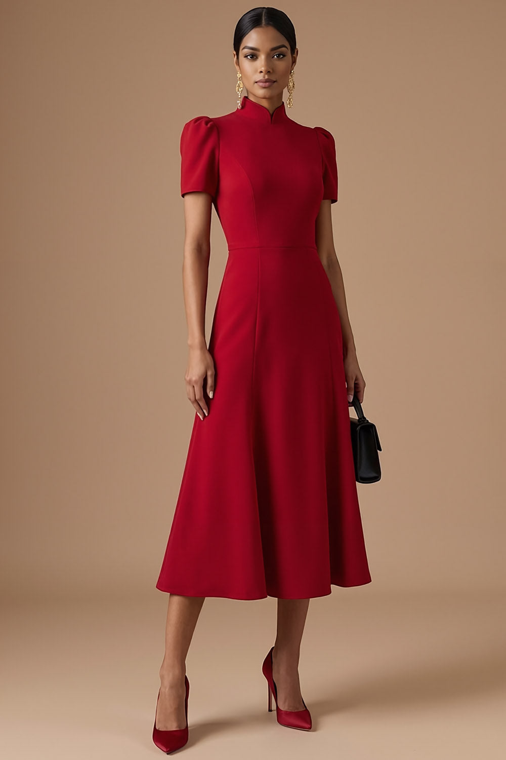 Leely Women Red A Line Long Formal Dress High Neck Short Sleeveless Wedding Guest Dress