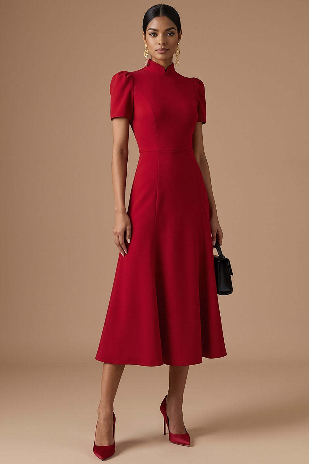 Leely Women Red A Line Long Formal Dress High Neck Short Sleeveless Wedding Guest Dress