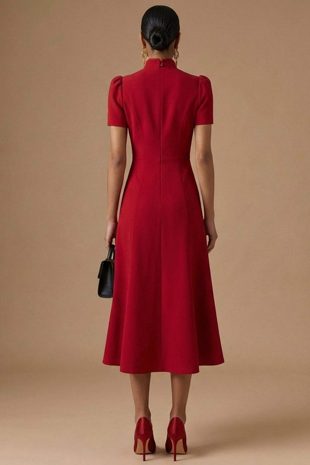 Red A Line High Neck Long Formal Dress with Short Sleeves