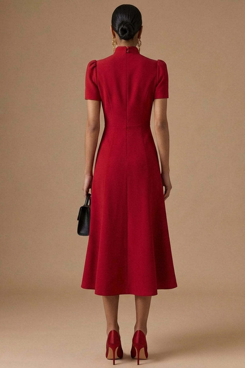 Red A Line High Neck Long Formal Dress with Short Sleeves