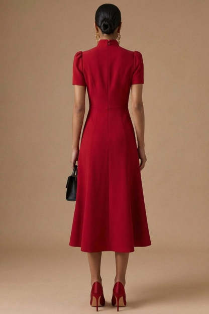 Red A Line High Neck Long Formal Dress with Short Sleeves