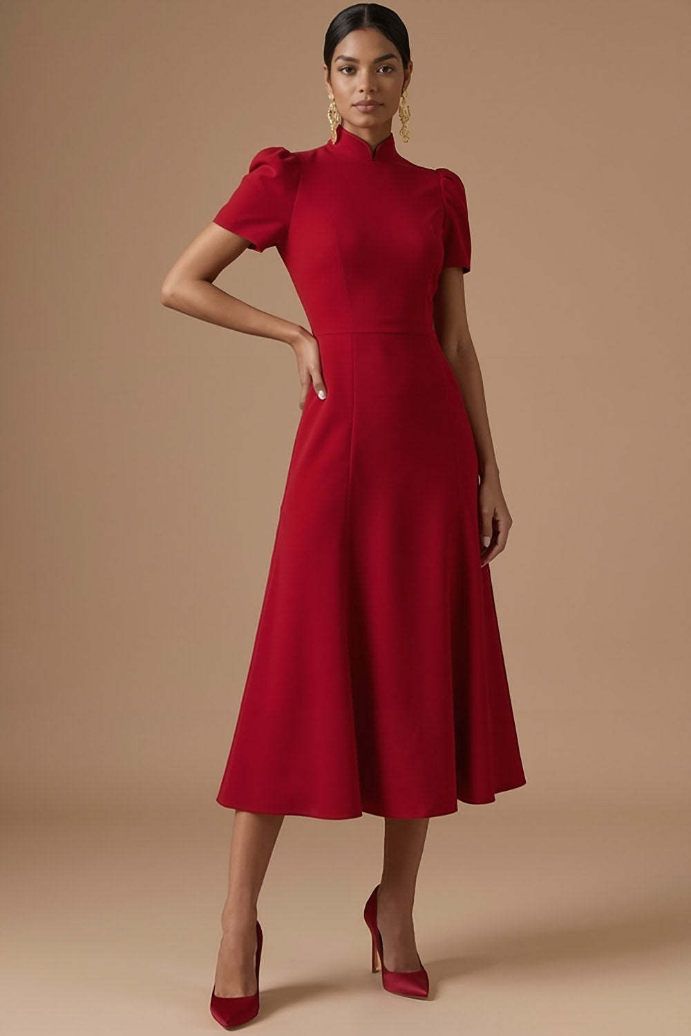 Red A Line High Neck Long Formal Dress with Short Sleeves