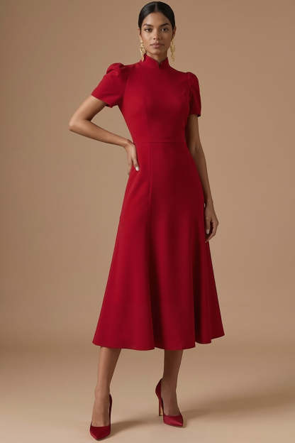 Red A Line High Neck Long Formal Dress with Short Sleeves