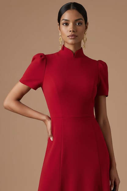 Red A Line High Neck Long Formal Dress with Short Sleeves