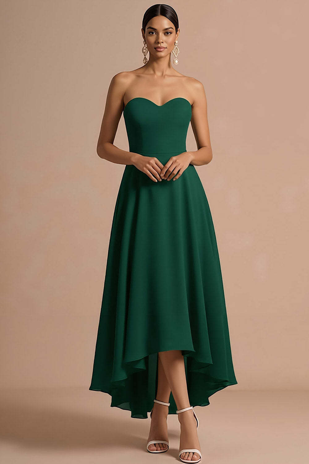 Leely Women Emerald Green A Line Sweetheart High Low Formal Dress Backless Sleeveless Wedding Guest Dress