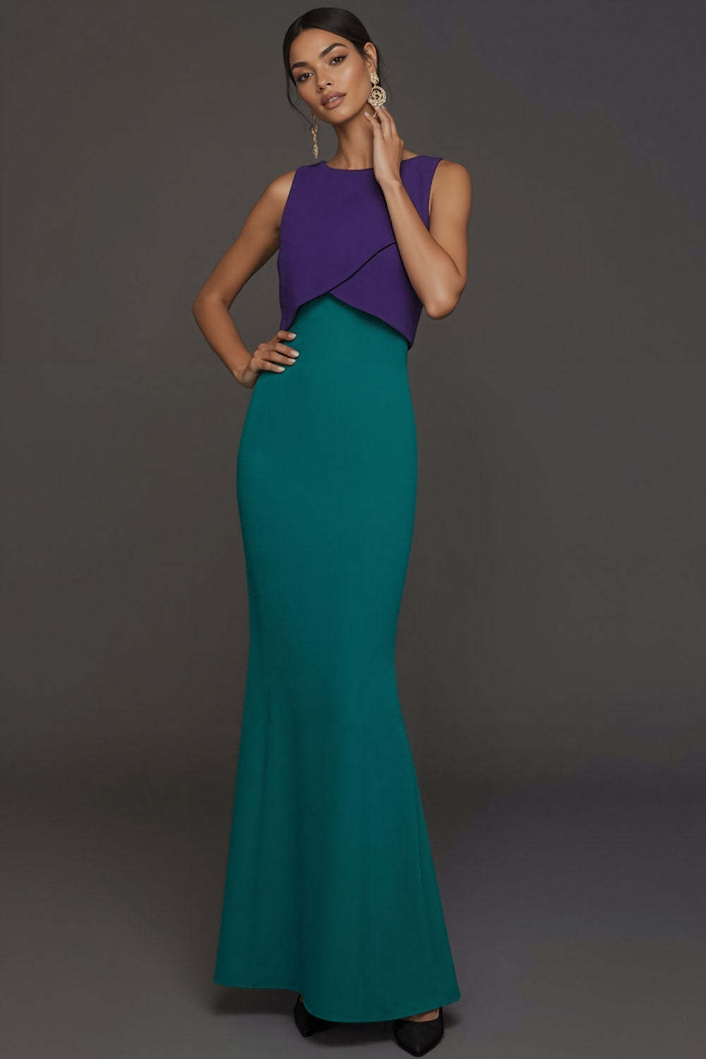 Peacock Blue Mermaid Round Neck Sleeveless Long Formal Dress