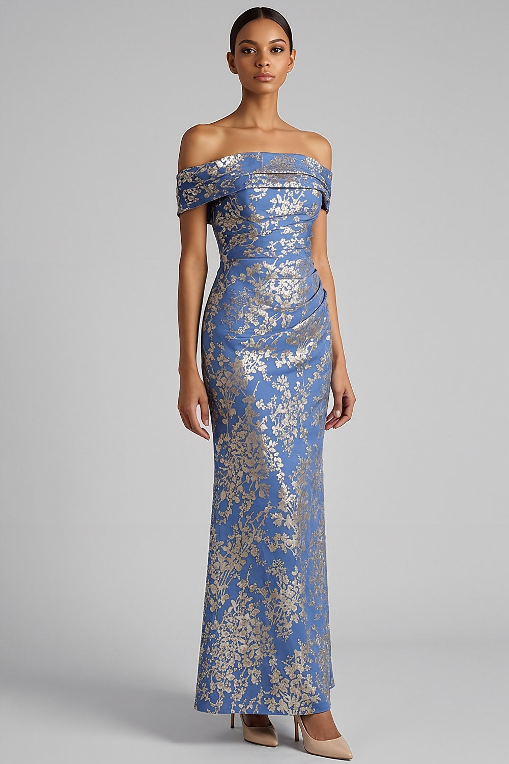 Jacquard Blue Floral Mermaid Ruched Off the Shoulder Long Fromal Dress