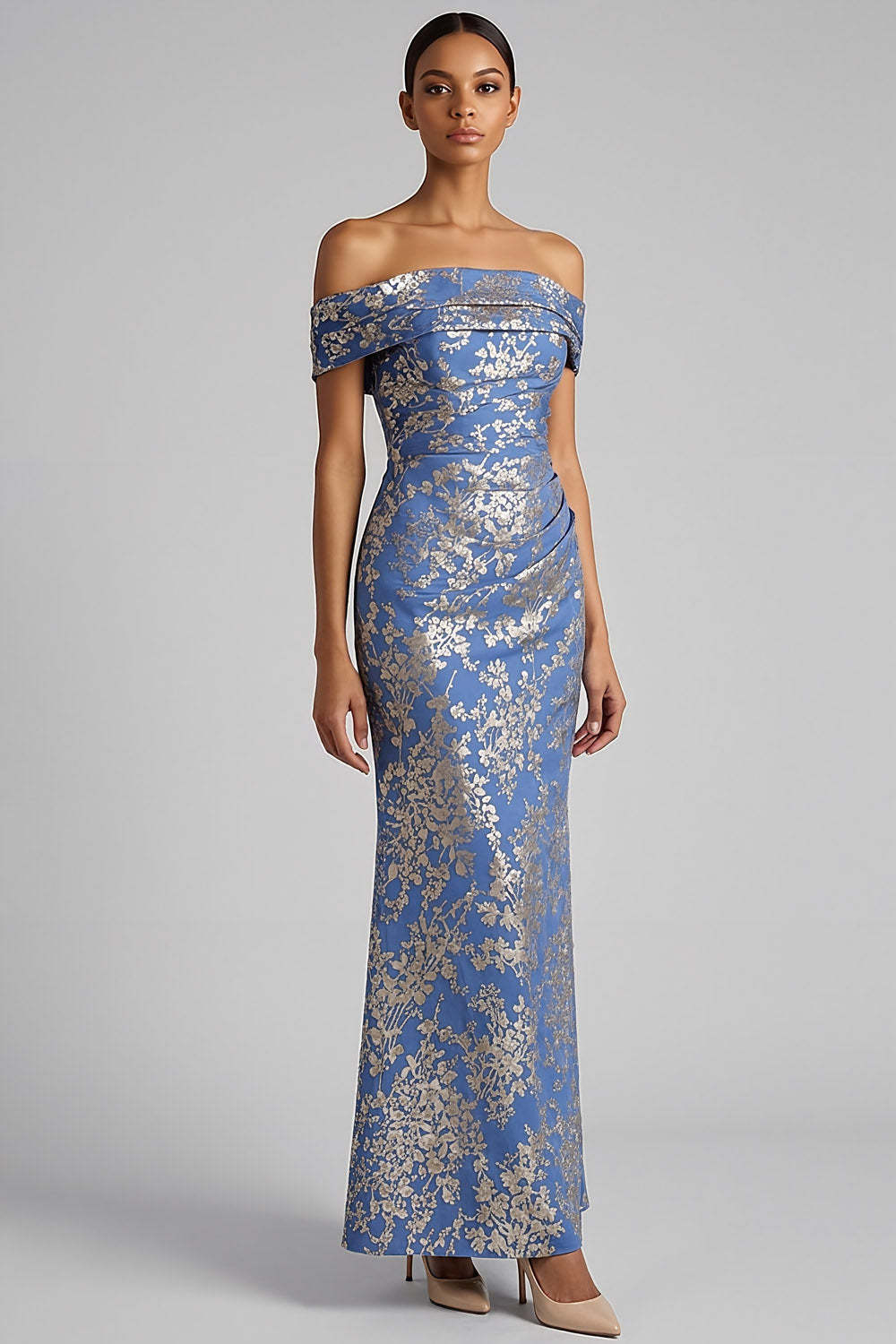 Leely Women Jacquard Blue Floral Mermaid Long Formal Dress Ruched Off the Shoulder Backless Evening Dress