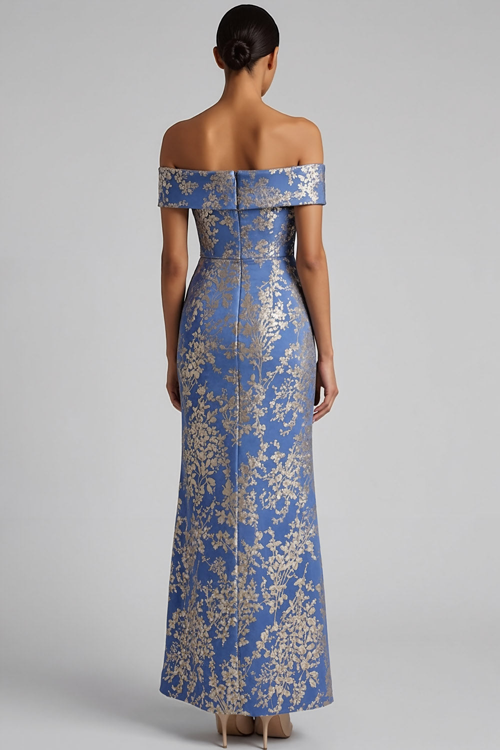 Jacquard Blue Floral Mermaid Ruched Off the Shoulder Long Fromal Dress