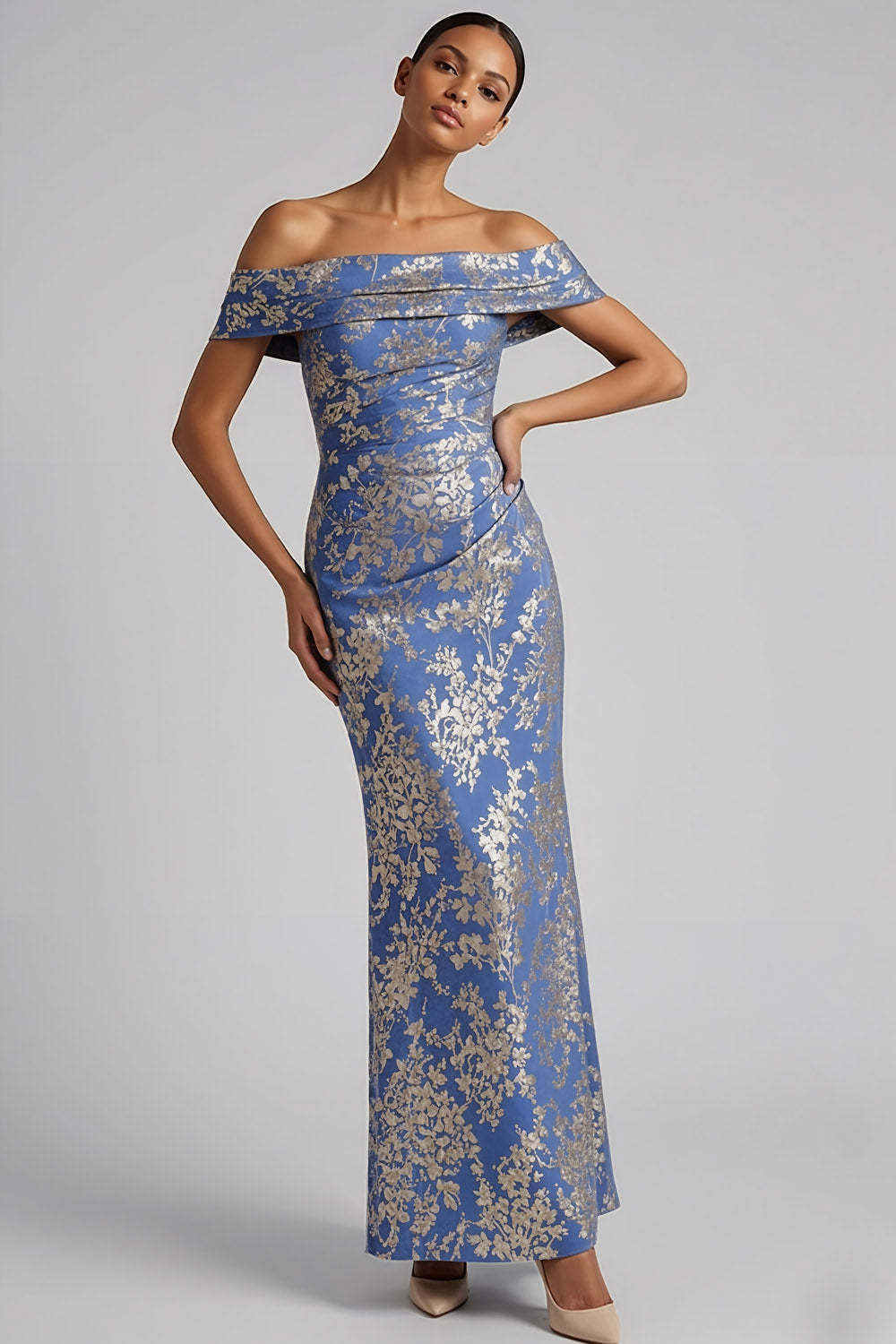 Jacquard Blue Floral Mermaid Ruched Off the Shoulder Long Fromal Dress