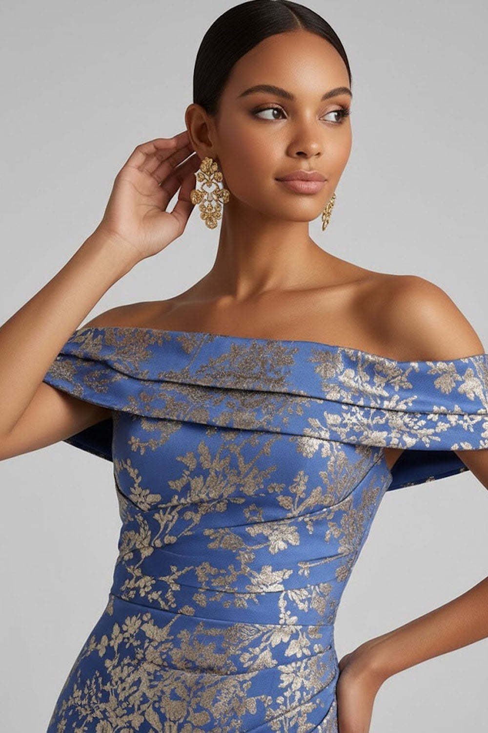 Jacquard Blue Floral Mermaid Ruched Off the Shoulder Long Fromal Dress