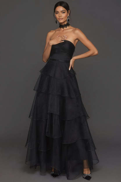 Leely Women Black Ruffled Tiered A Line Long Formal Dress Backless Strapless Sleeveless Wedding Guest Dress