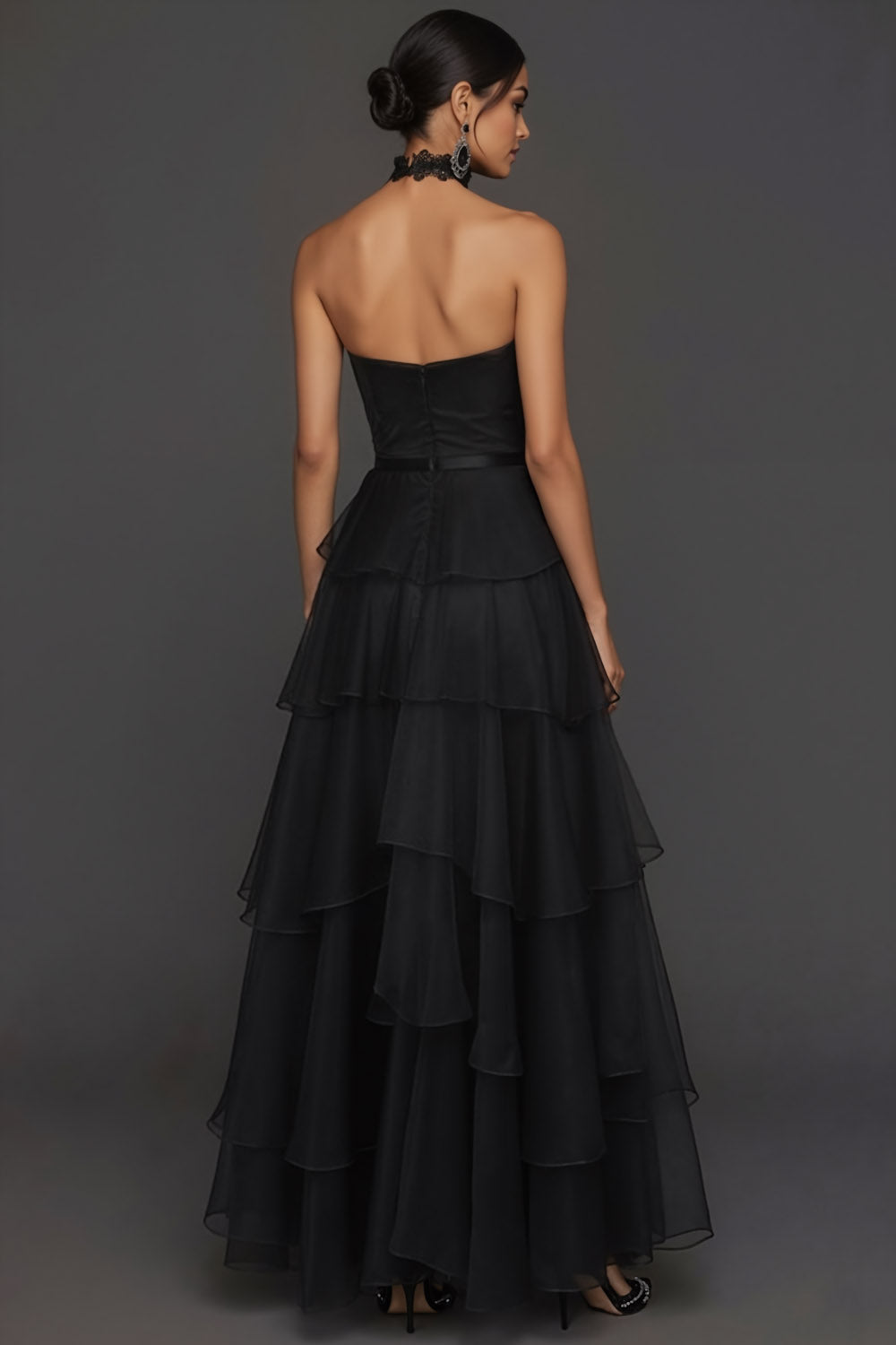 Black Ruffled Tiered A Line Strapless Long Formal Dress