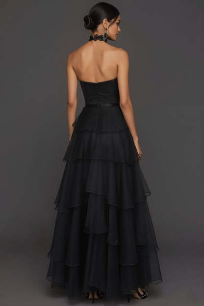 Black Ruffled Tiered A Line Strapless Long Formal Dress