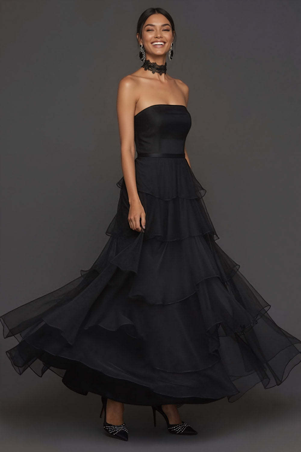 Black Ruffled Tiered A Line Strapless Long Formal Dress