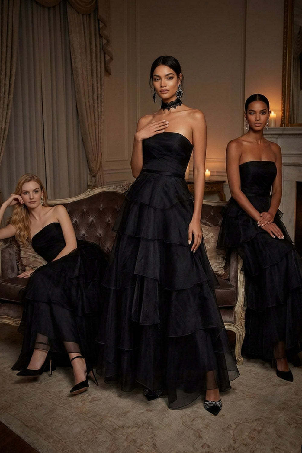 Black Ruffled Tiered A Line Strapless Long Formal Dress