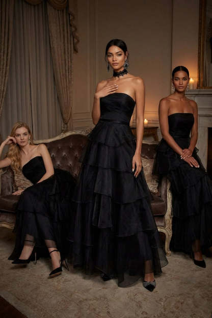 Black Ruffled Tiered A Line Strapless Long Formal Dress
