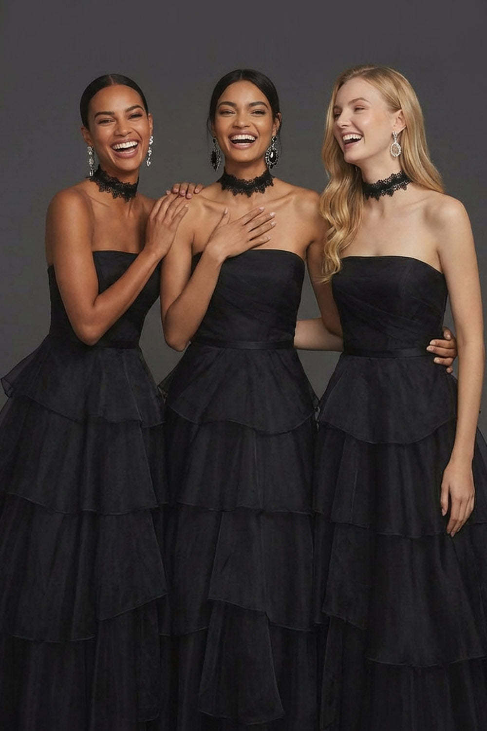 Black Ruffled Tiered A Line Strapless Long Formal Dress
